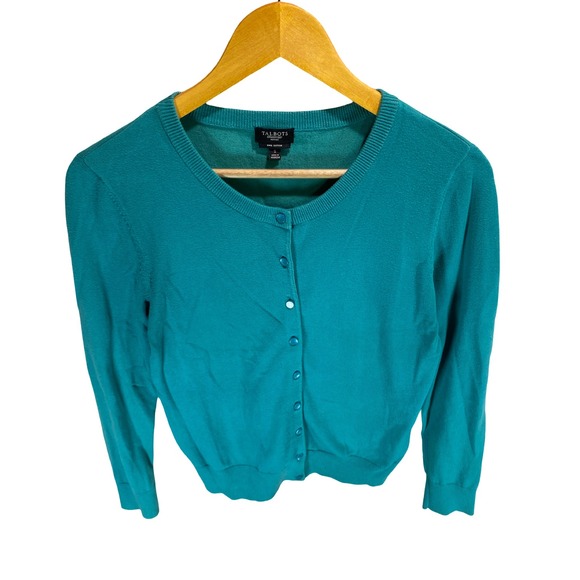 Talbots Petite Teal Green Pima Cotton Button Front Cardigan Sweater Size S - Picture 4 of 9